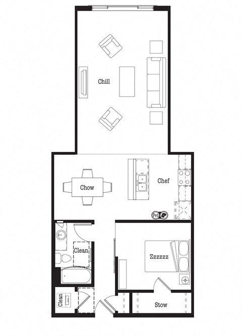 Floor plan for 1 bed, 1 bath, 959 sqft
